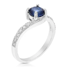 0.80 cttw Created Blue Sapphire Ring .925 Sterling Silver Rhodium Round 6 MM