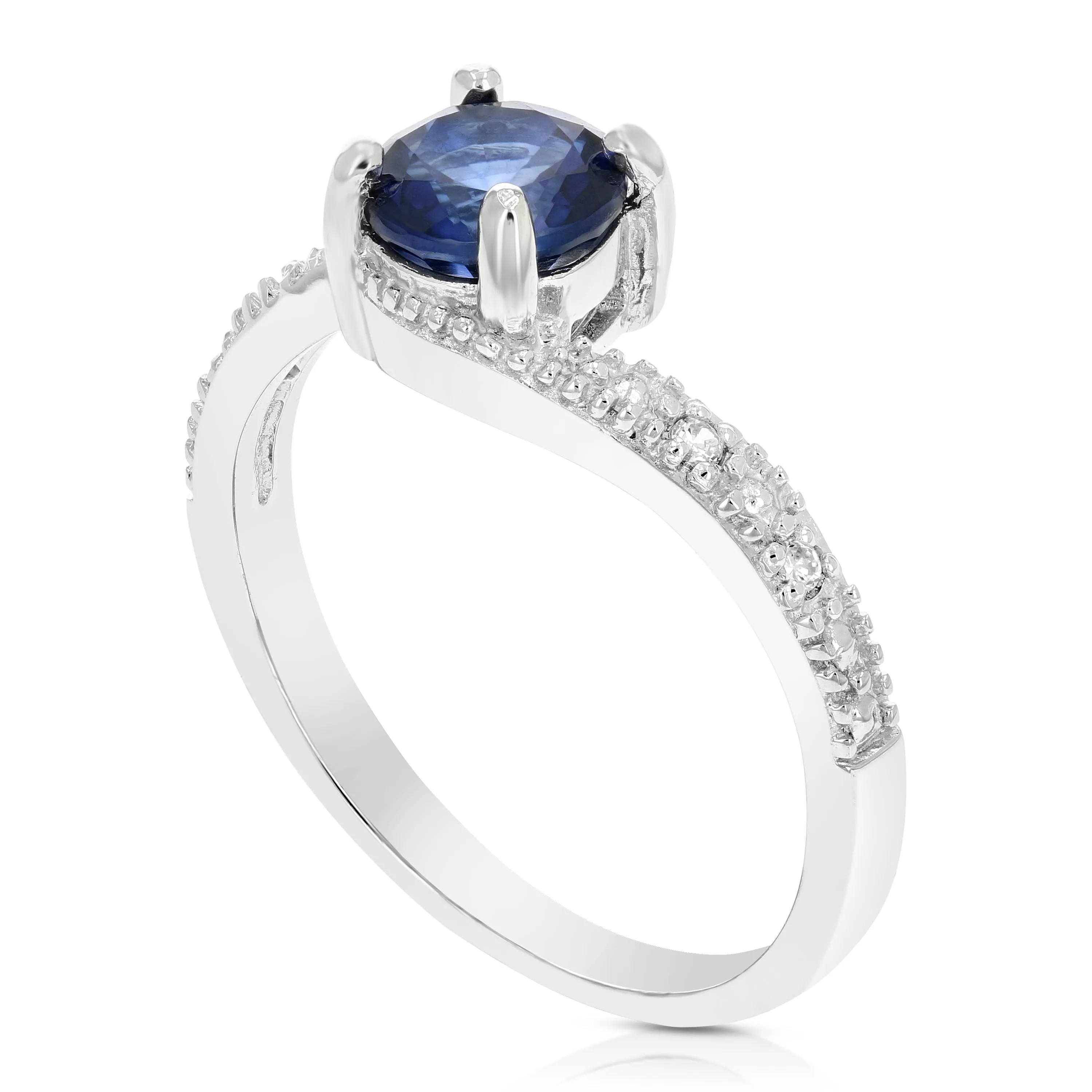 0.80 cttw Created Blue Sapphire Ring .925 Sterling Silver Rhodium Round 6 MM