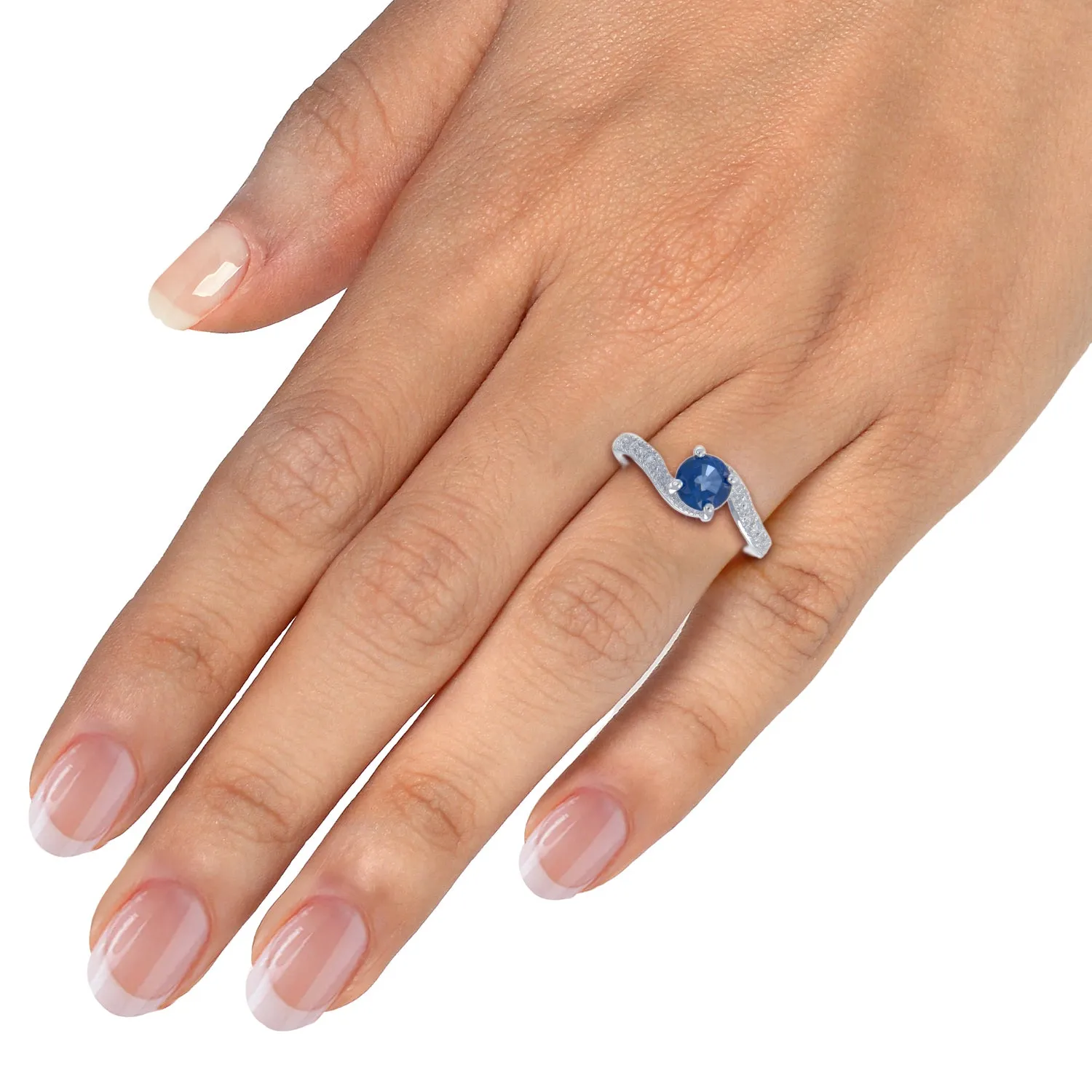 0.80 cttw Created Blue Sapphire Ring .925 Sterling Silver Rhodium Round 6 MM