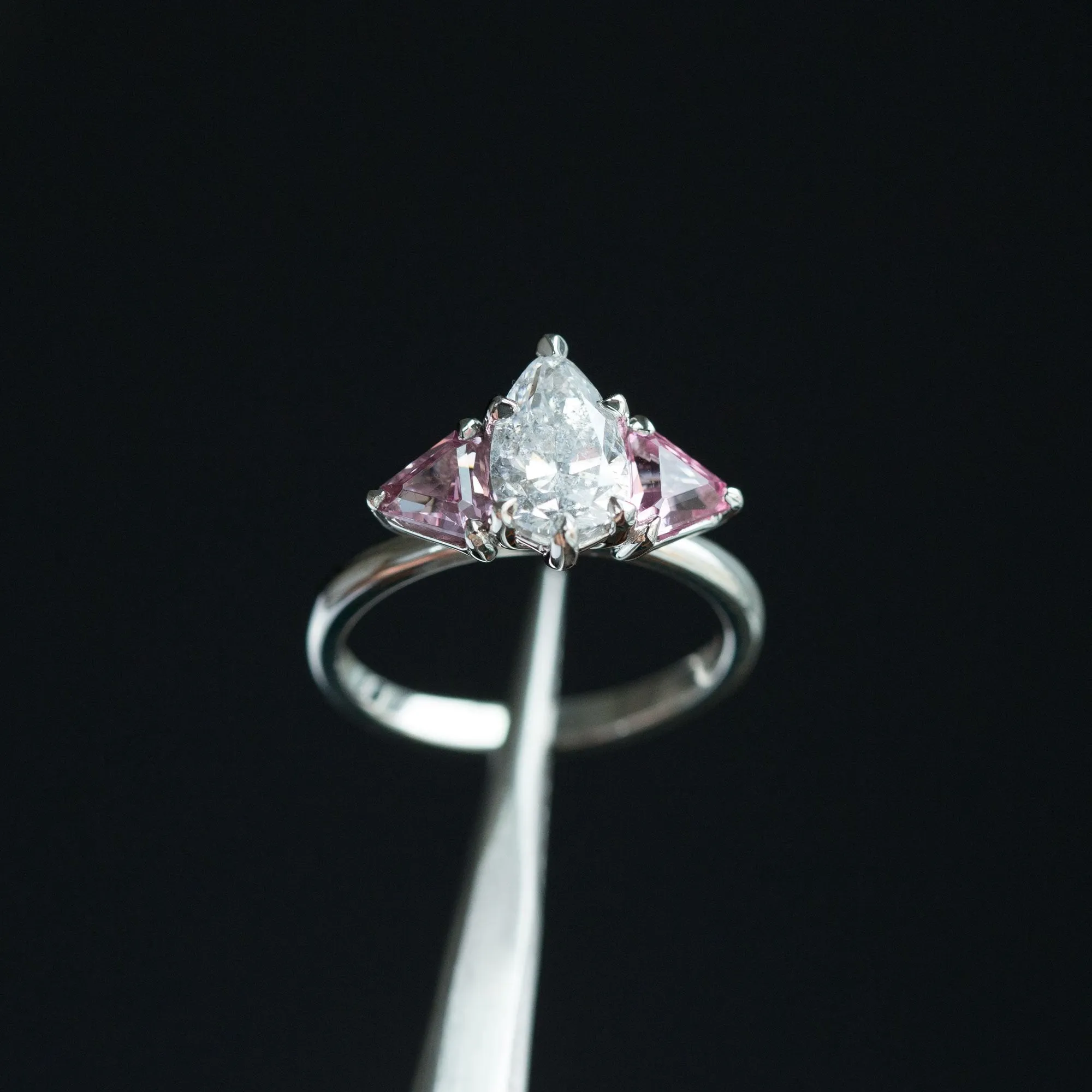 1.20ct Pear Shaped Diamond and Pink Spinel Three Stone Ring in Recycled Platinum