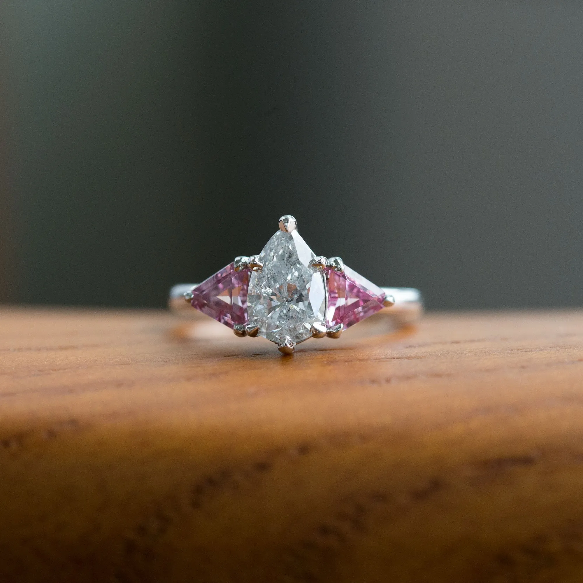 1.20ct Pear Shaped Diamond and Pink Spinel Three Stone Ring in Recycled Platinum