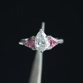 1.20ct Pear Shaped Diamond and Pink Spinel Three Stone Ring in Recycled Platinum