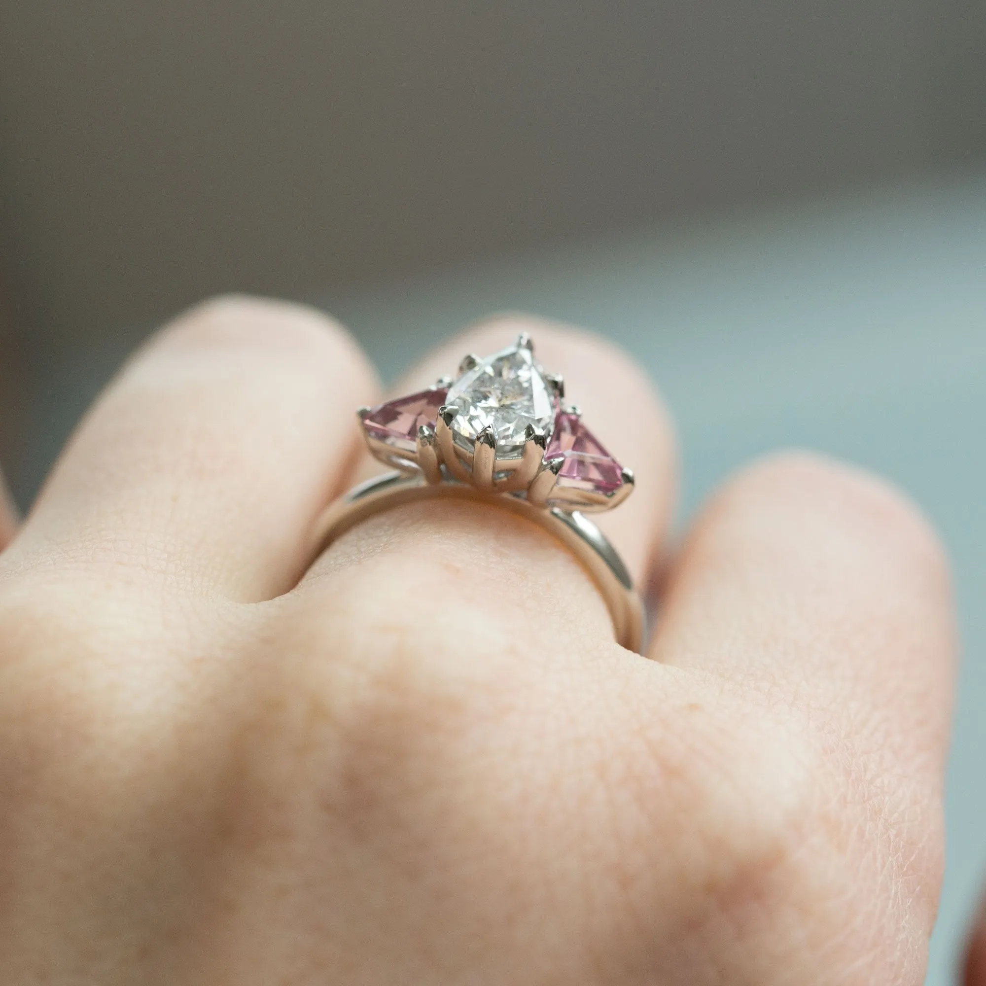 1.20ct Pear Shaped Diamond and Pink Spinel Three Stone Ring in Recycled Platinum