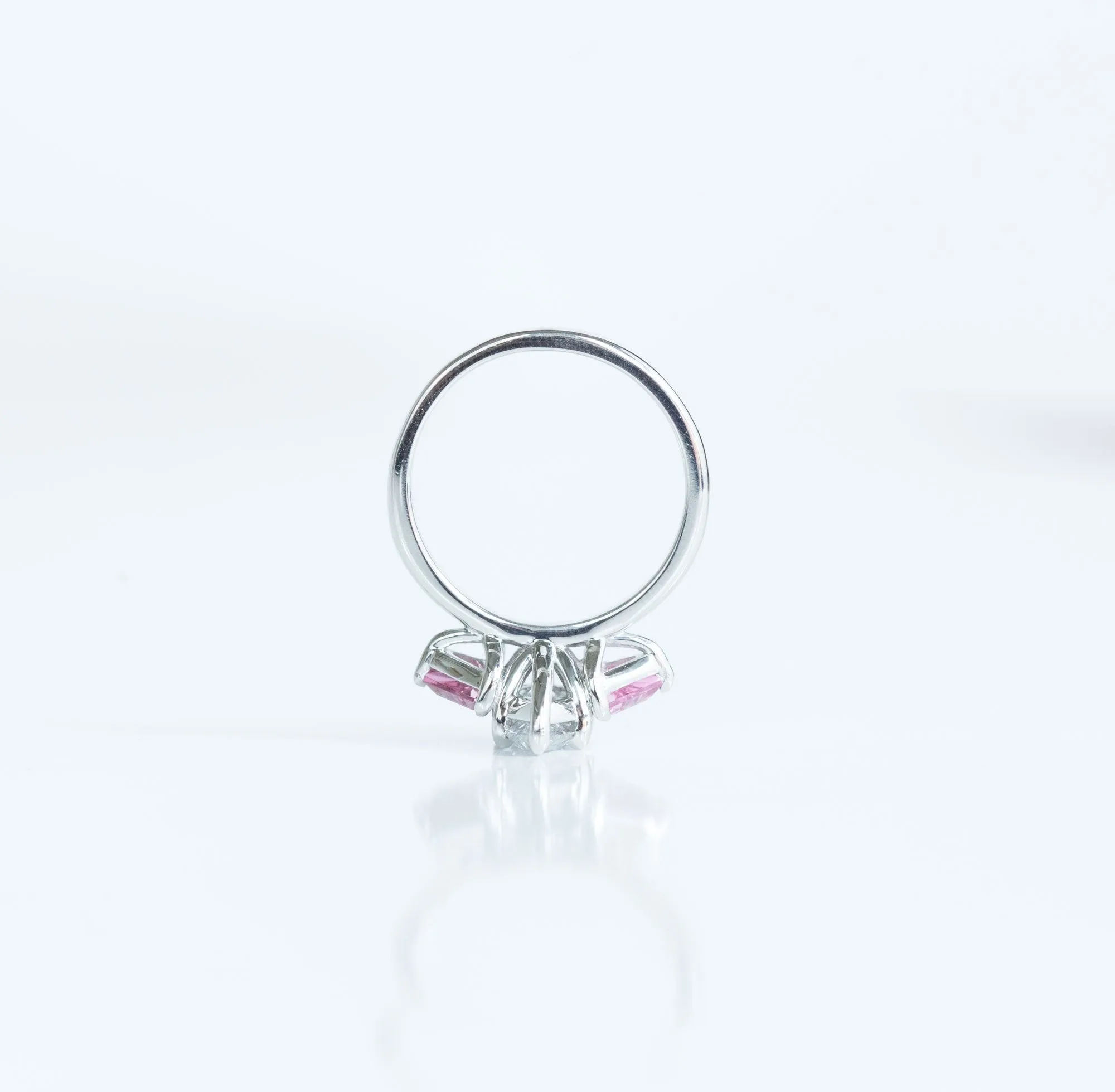 1.20ct Pear Shaped Diamond and Pink Spinel Three Stone Ring in Recycled Platinum