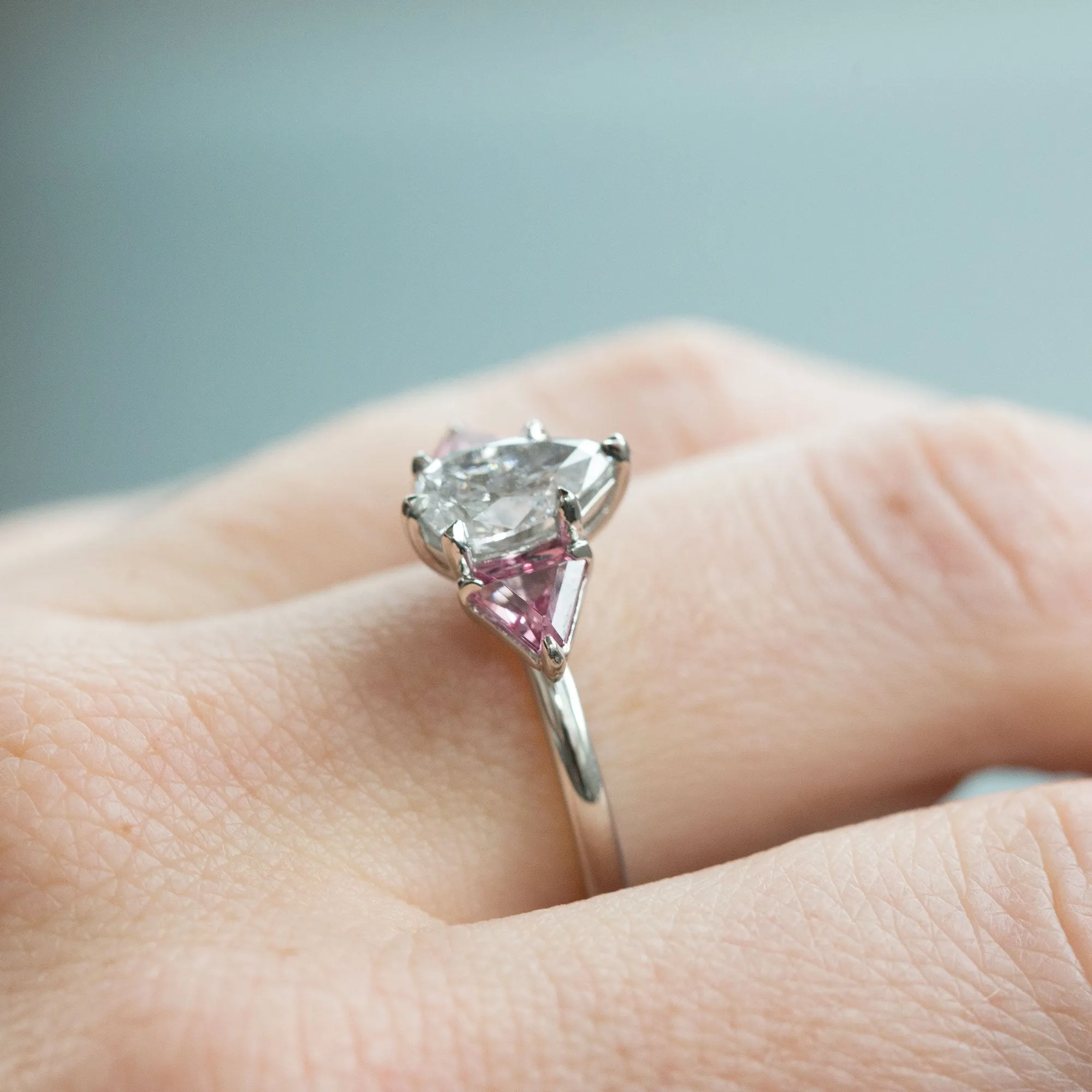 1.20ct Pear Shaped Diamond and Pink Spinel Three Stone Ring in Recycled Platinum