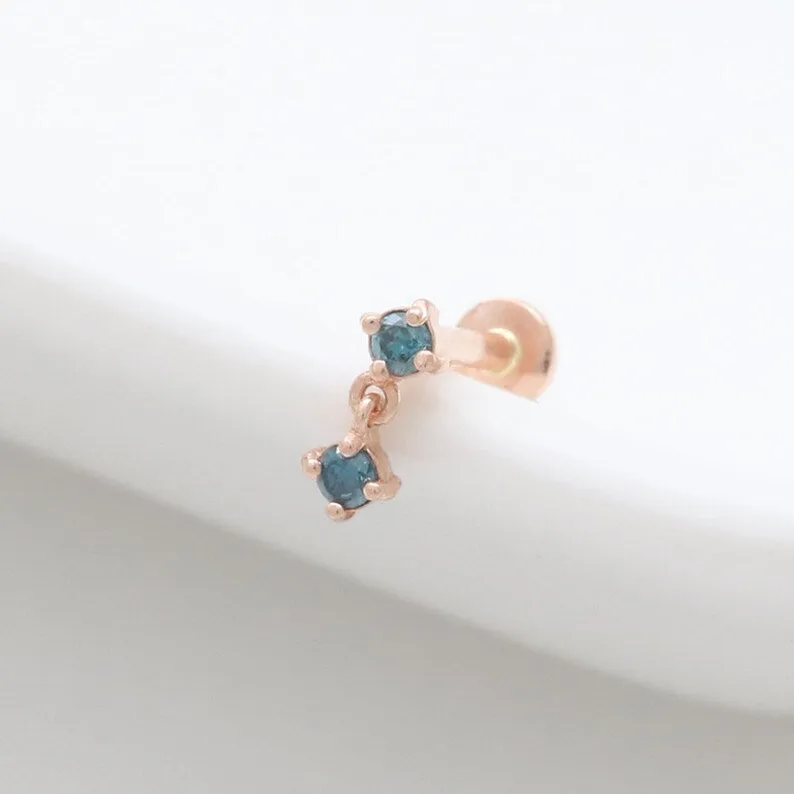 14K Solid Gold Black, Blue, Green or Cognac Genuine Diamond Dangling Cartilage Tragus Helix Conch Internally Labret Piercing