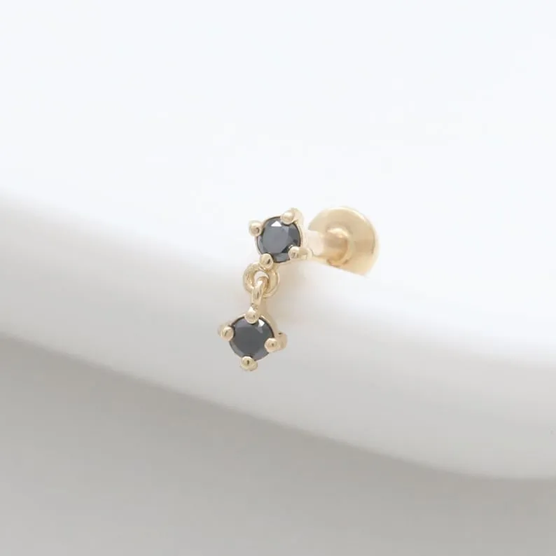 14K Solid Gold Black, Blue, Green or Cognac Genuine Diamond Dangling Cartilage Tragus Helix Conch Internally Labret Piercing