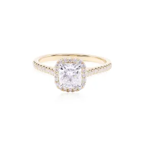 14K YELLOW GOLD 1.01CT CUSHION-CUT DIAMOND HALO ENGAGEMENT RING WITH DIAMOND ACCENTS 0.20CTW