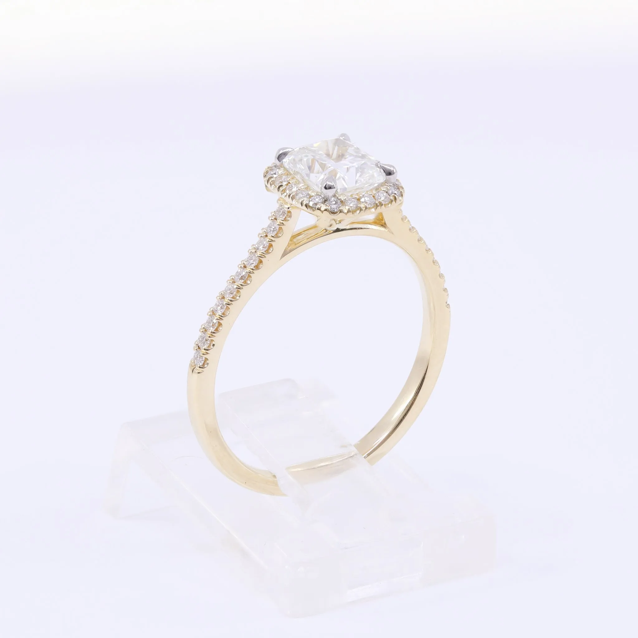 14K YELLOW GOLD 1.01CT CUSHION-CUT DIAMOND HALO ENGAGEMENT RING WITH DIAMOND ACCENTS 0.20CTW