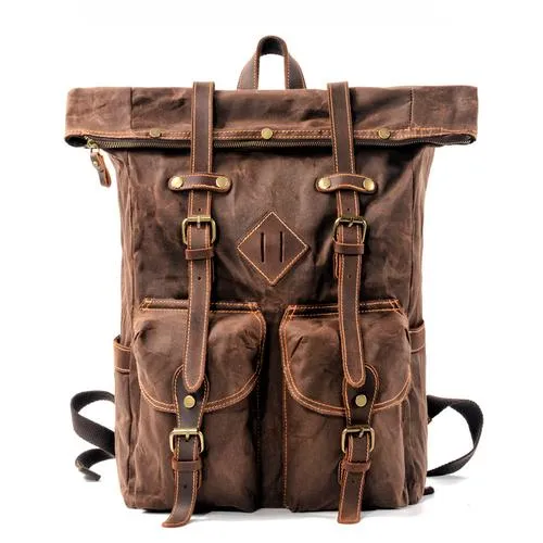 2 Colors Large Capacity Genuine Leather and Canvas Travel Backpack