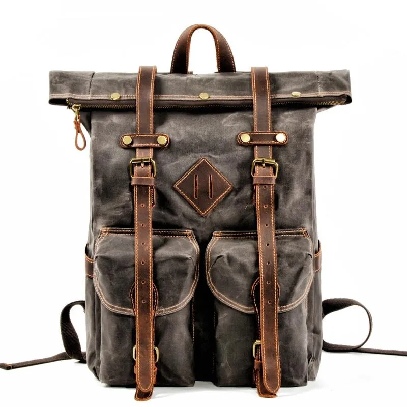 2 Colors Large Capacity Genuine Leather and Canvas Travel Backpack