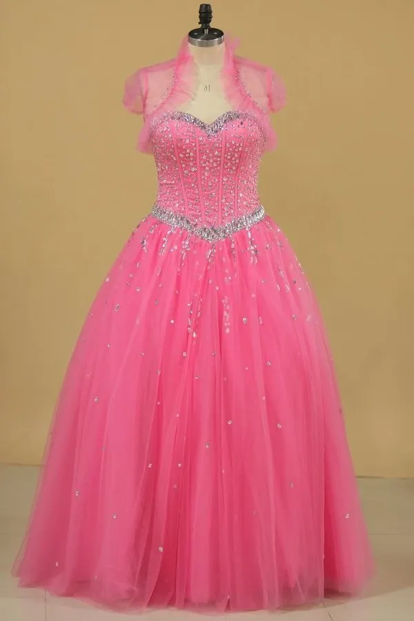 2024 Ball Gown Beaded Bodice Quinceanera Dresses Sweetheart Tulle Floor PSJTC836