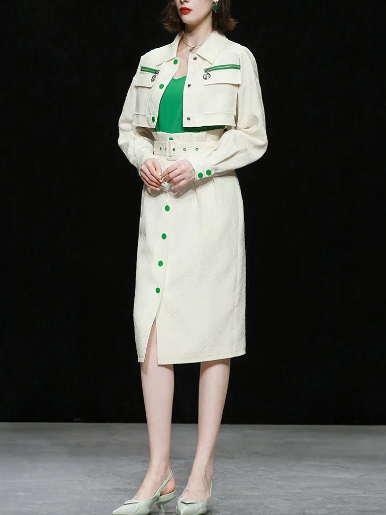 3PS White Turn-down Collar Long Sleeve Coat With White Skirt Suits