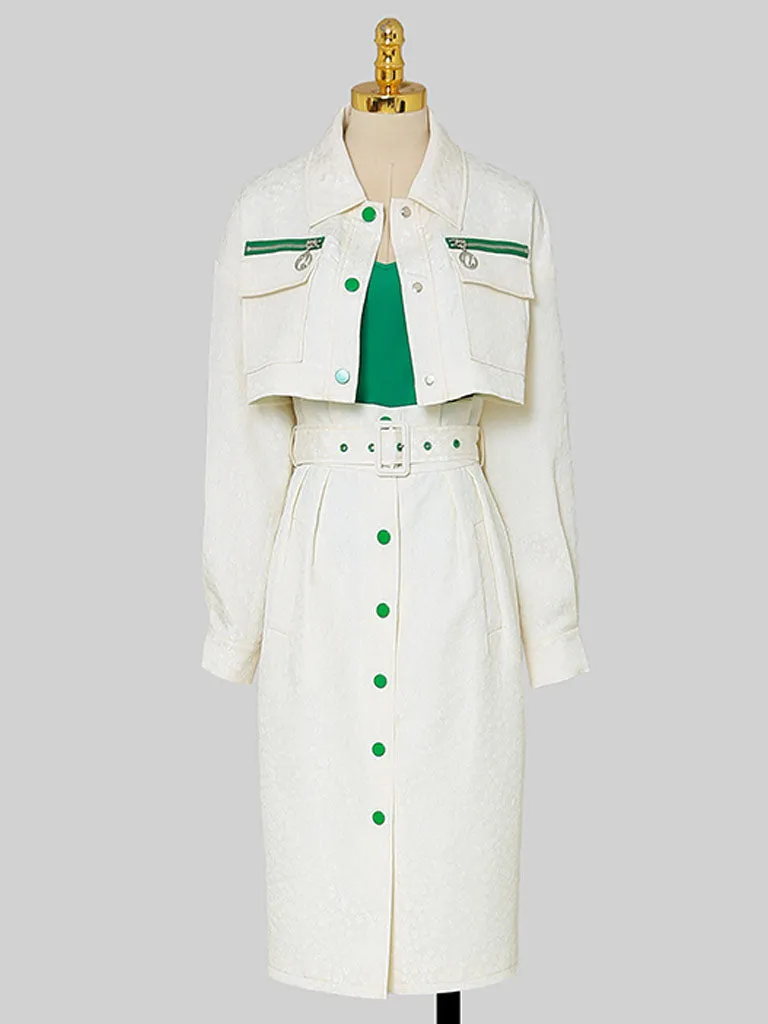 3PS White Turn-down Collar Long Sleeve Coat With White Skirt Suits