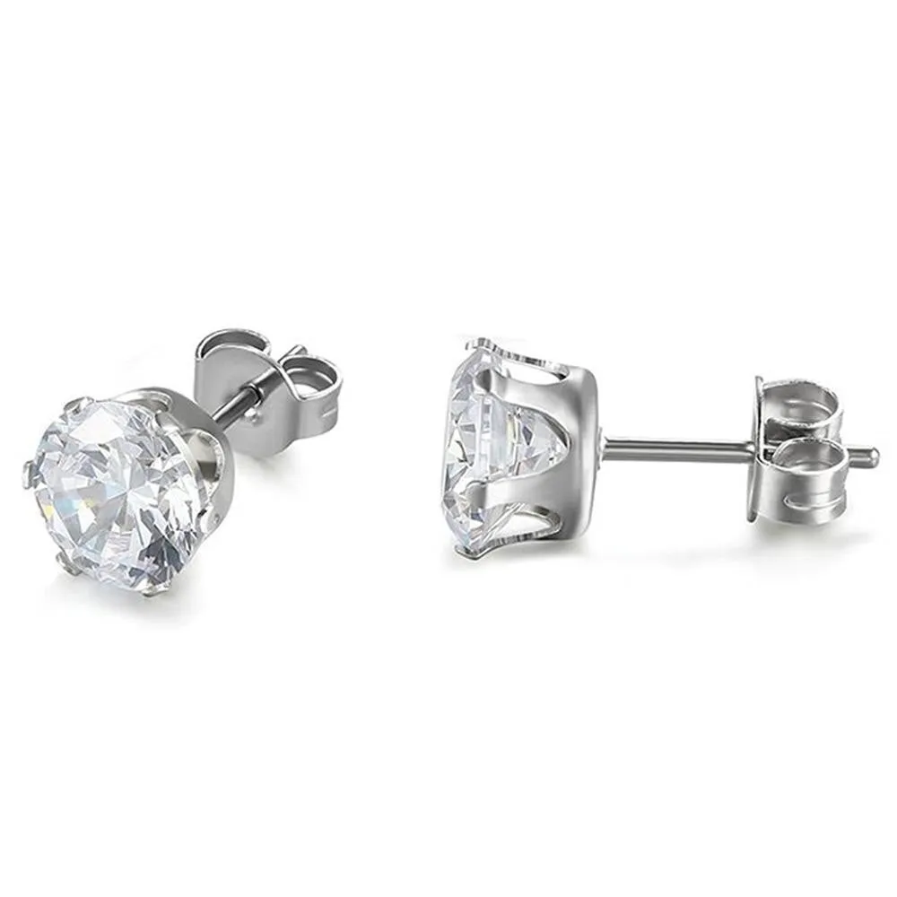 6 Pairs Round Cubic Zirconia Inlay Stainless Steel Stud Earrings