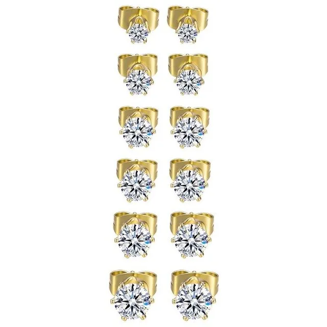 6 Pairs Round Cubic Zirconia Inlay Stainless Steel Stud Earrings