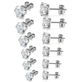 6 Pairs Round Cubic Zirconia Inlay Stainless Steel Stud Earrings