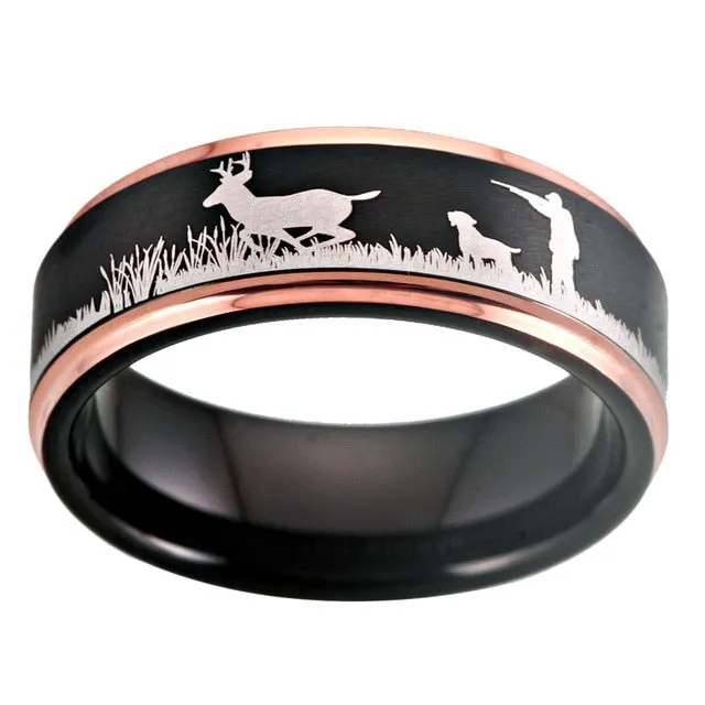 8mm Deer Hunting Scene Tungsten Wedding Ring