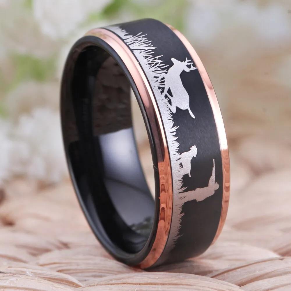 8mm Deer Hunting Scene Tungsten Wedding Ring