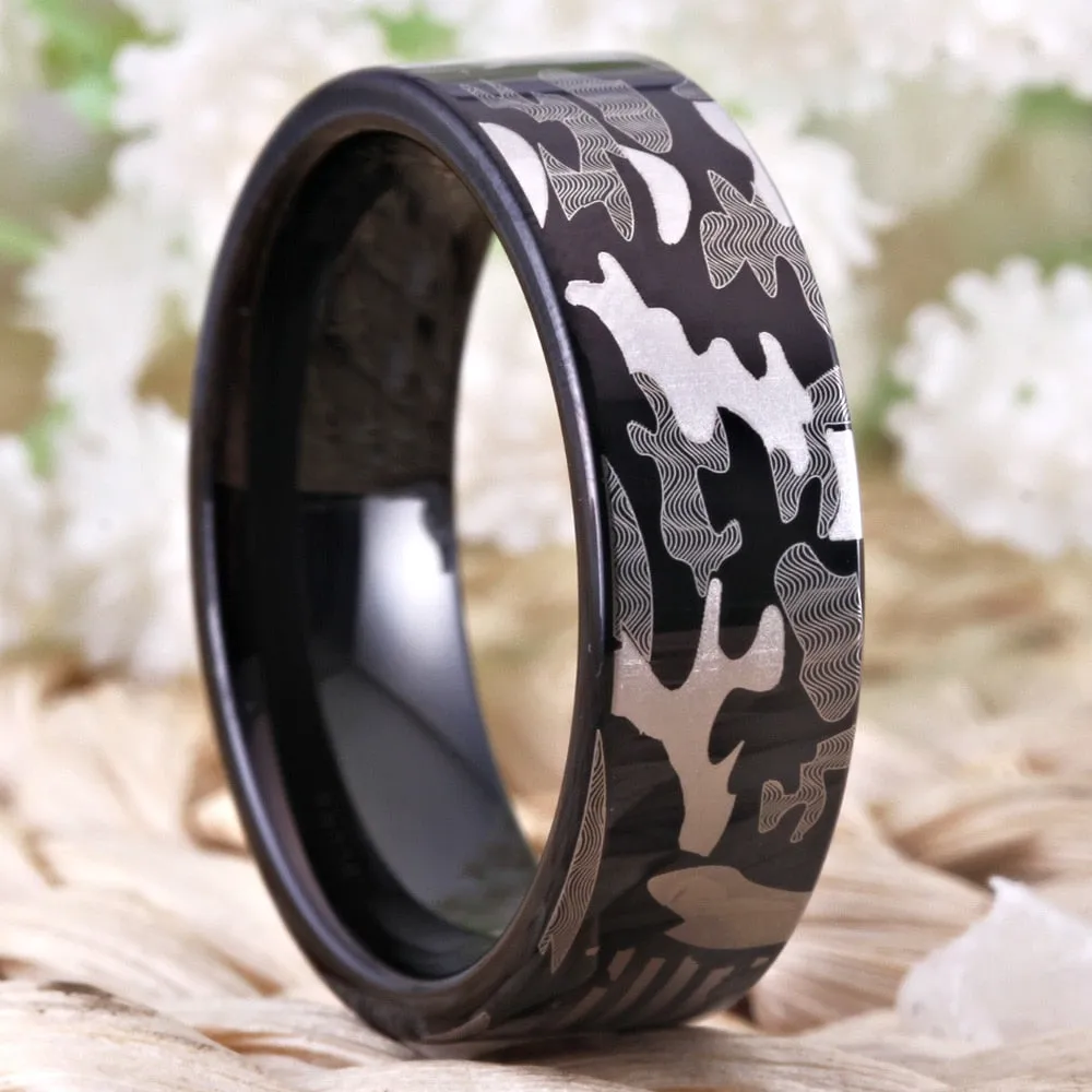 8mm Military Camo Design Black-Plated Tungsten Wedding Ring