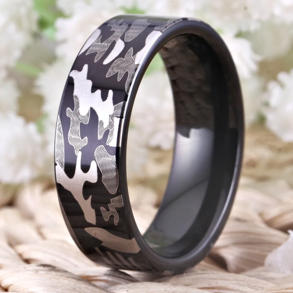 8mm Military Camo Design Black-Plated Tungsten Wedding Ring