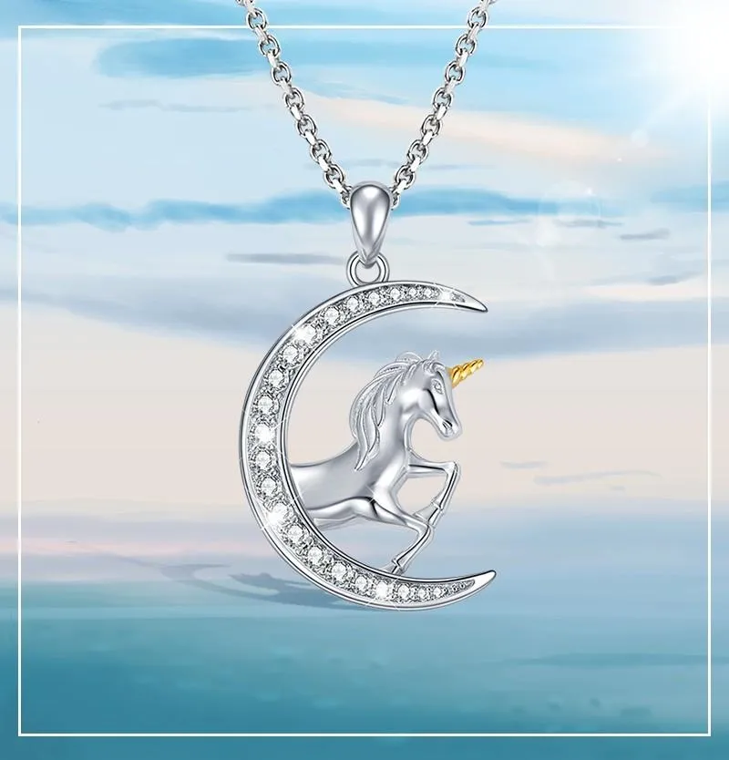 925 Sterling Silver Crescent Moon Crystal with Unicorn Pendant Necklace