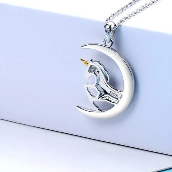 925 Sterling Silver Crescent Moon Crystal with Unicorn Pendant Necklace