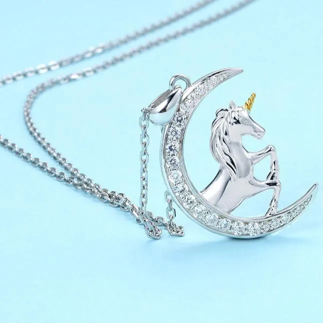 925 Sterling Silver Crescent Moon Crystal with Unicorn Pendant Necklace