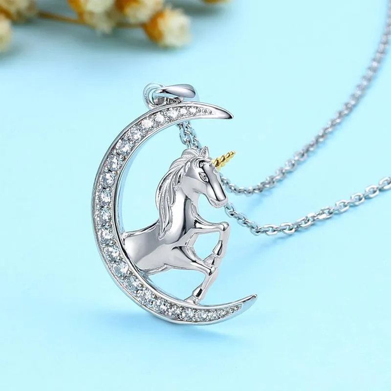 925 Sterling Silver Crescent Moon Crystal with Unicorn Pendant Necklace