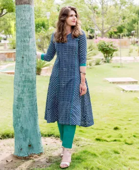 A-line Multi Printed Indigo Kurta