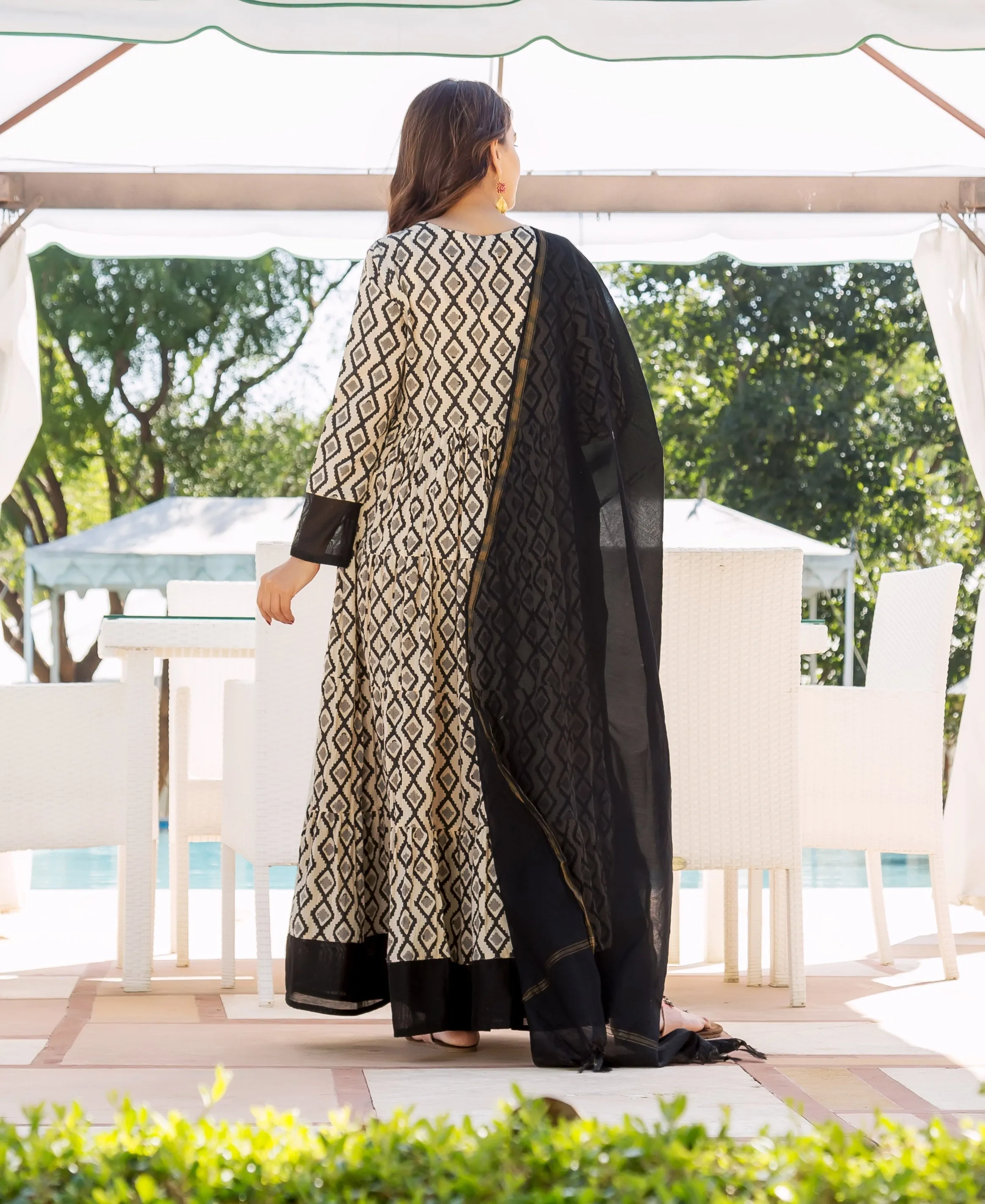 Adhira Grey and Black Hand Block Printed Tiered Dress