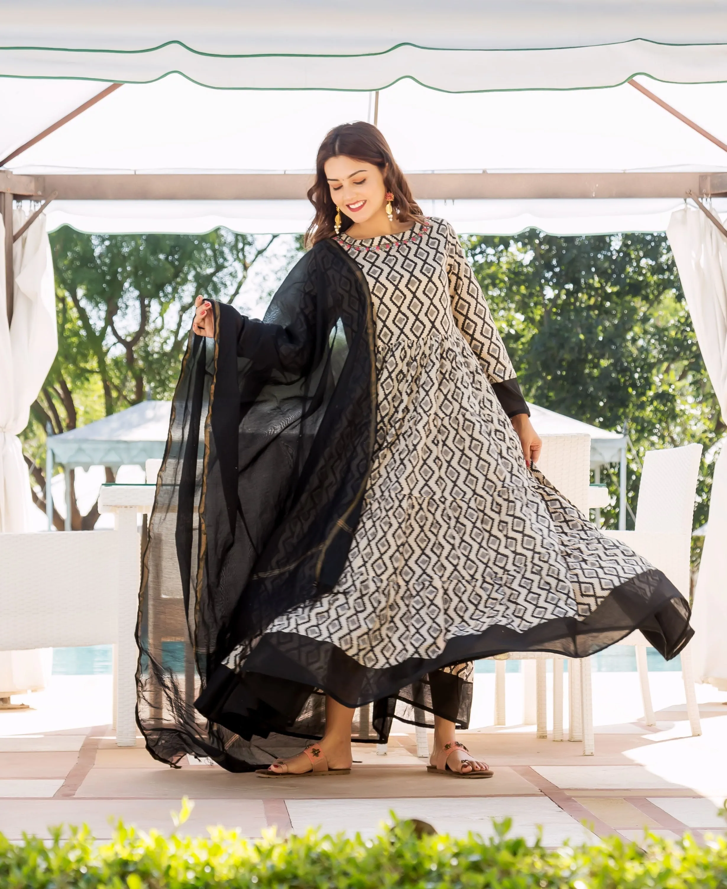 Adhira Grey and Black Hand Block Printed Tiered Dress