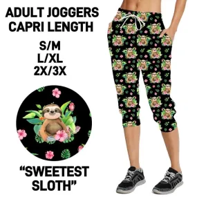 Adorable Sloth w/ Pink Hibiscus Flower Print Capri Black Joggers W/ Pockets