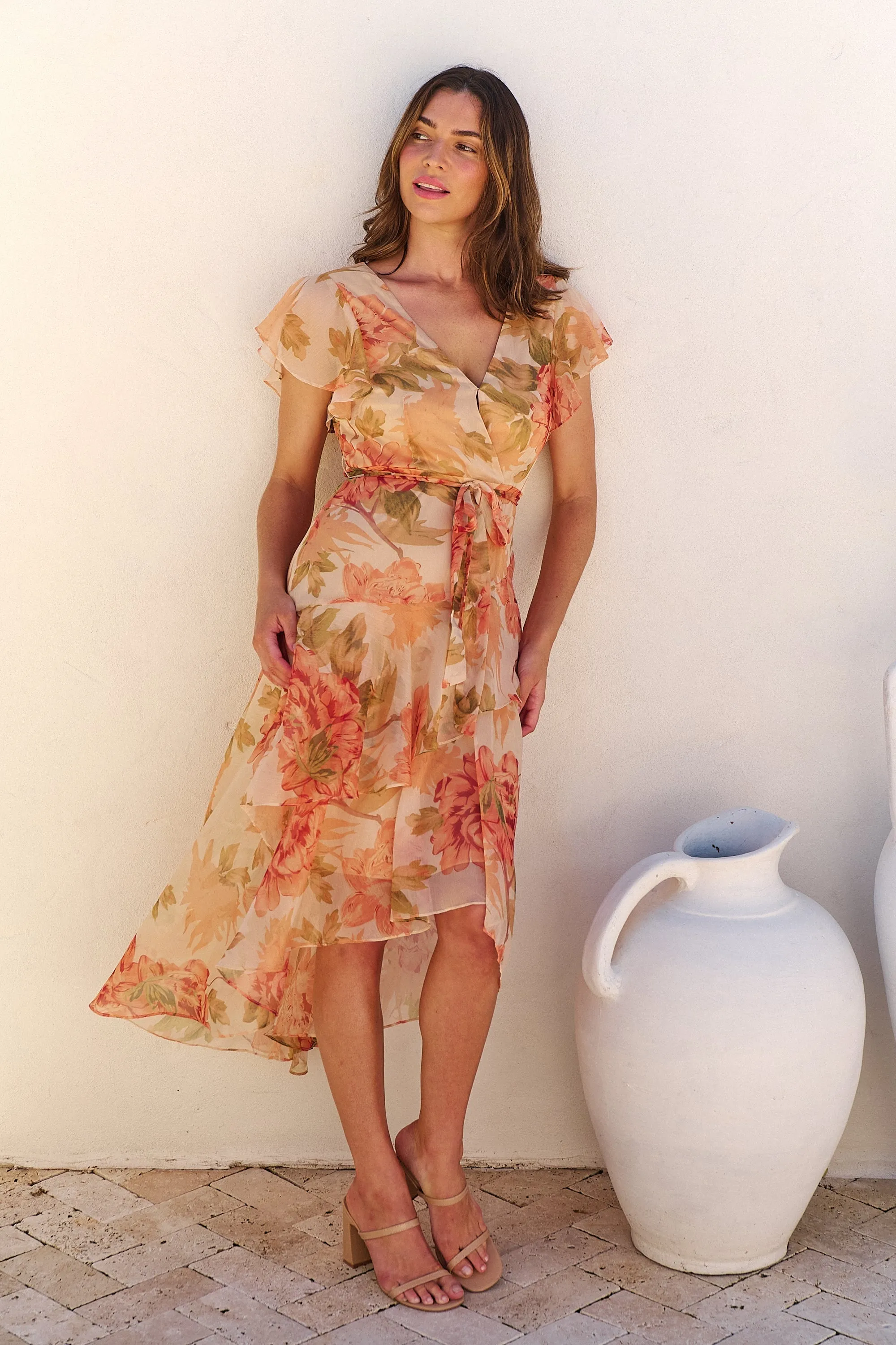 Aida Peach/Orange Floral Print Frill Evening Dress