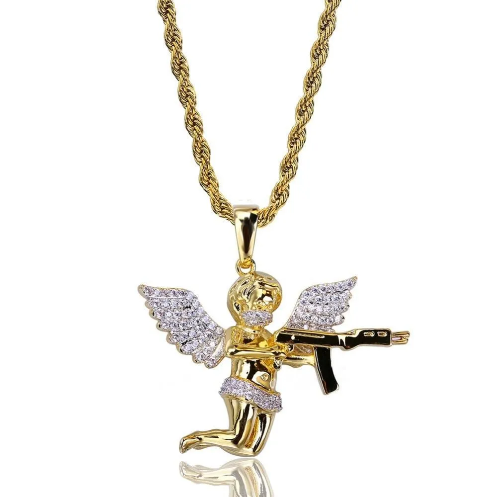 Angel Micro Paved Cubic Zirconia Gold-Plated Stainless Steel Hip-Hop Pendant Necklace