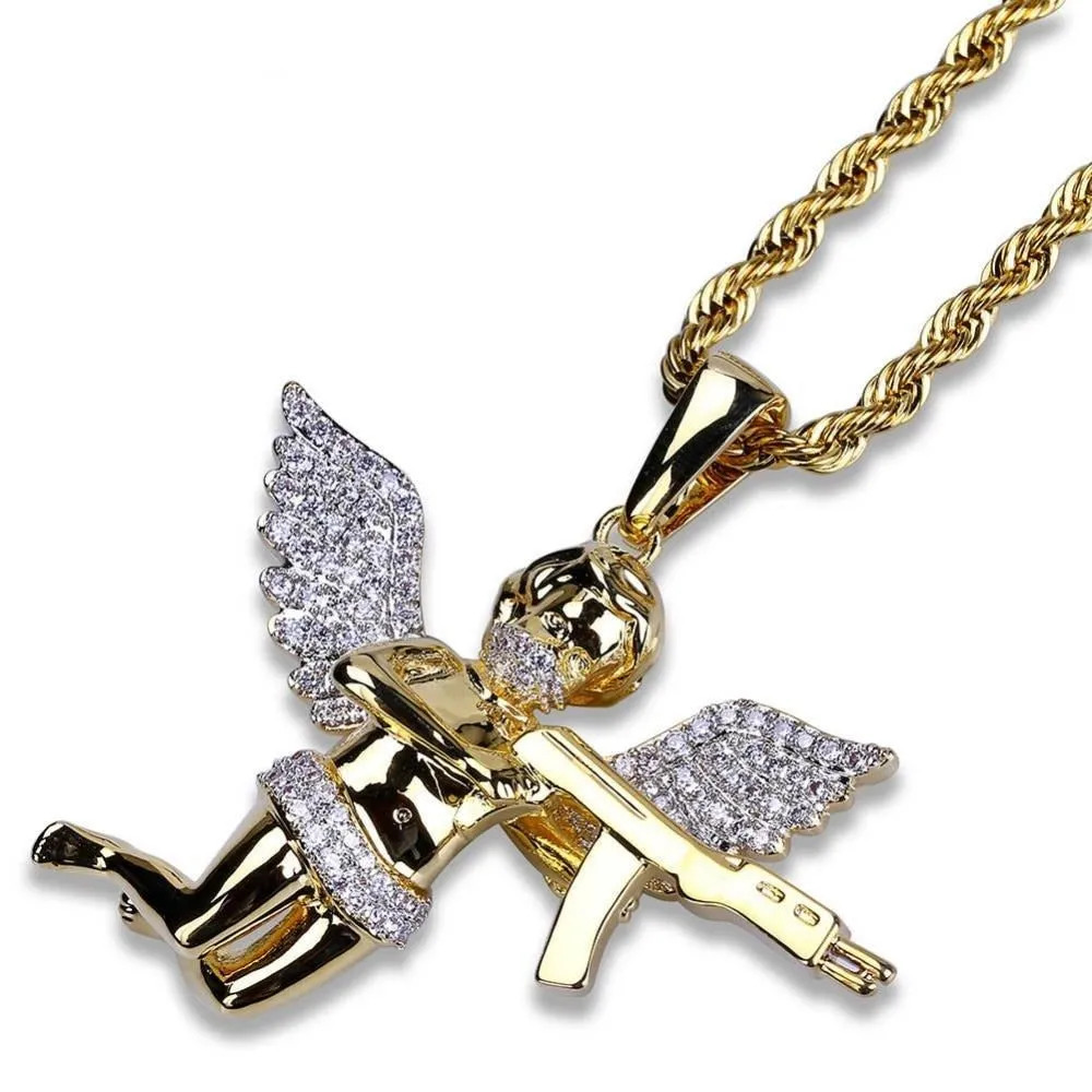 Angel Micro Paved Cubic Zirconia Gold-Plated Stainless Steel Hip-Hop Pendant Necklace