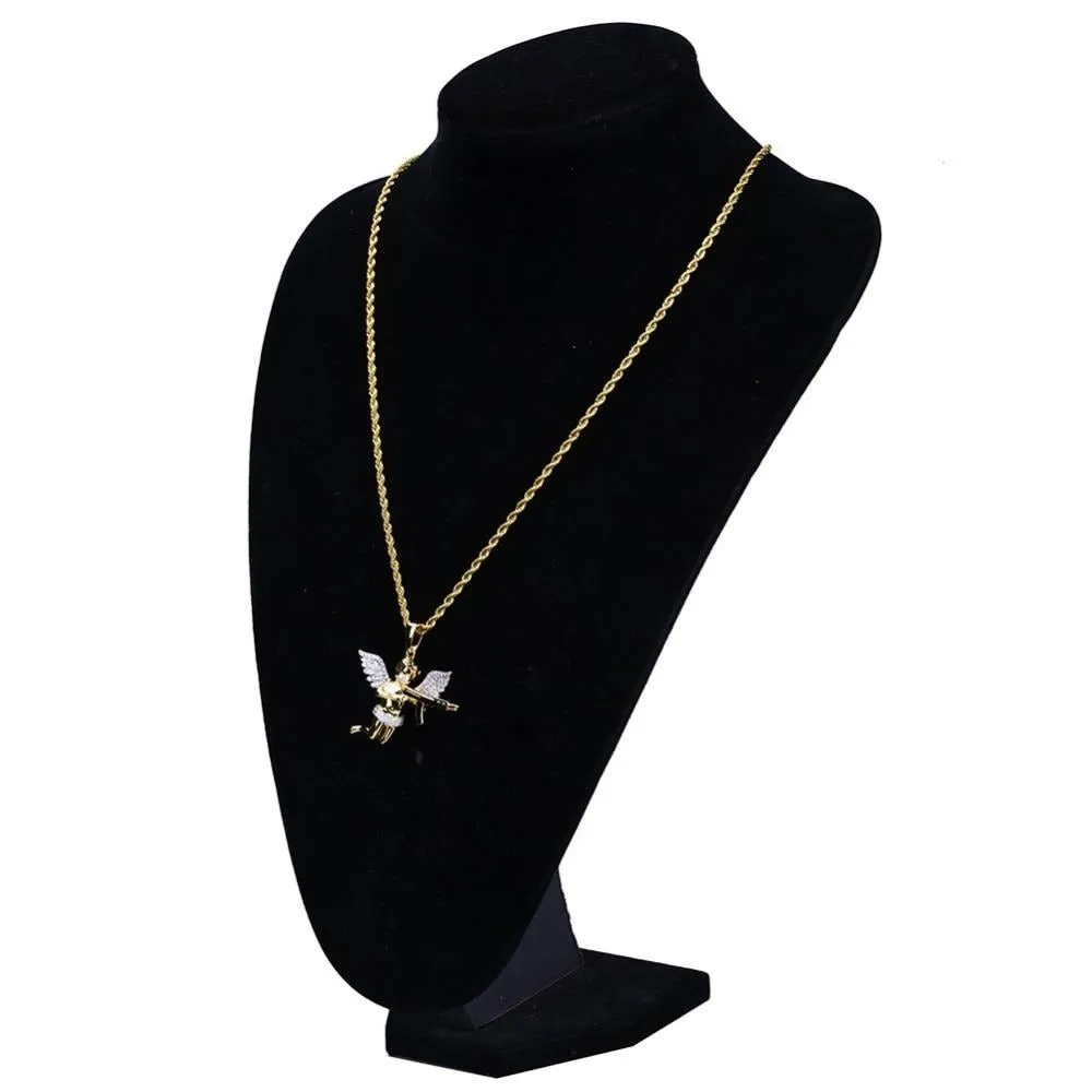 Angel Micro Paved Cubic Zirconia Gold-Plated Stainless Steel Hip-Hop Pendant Necklace