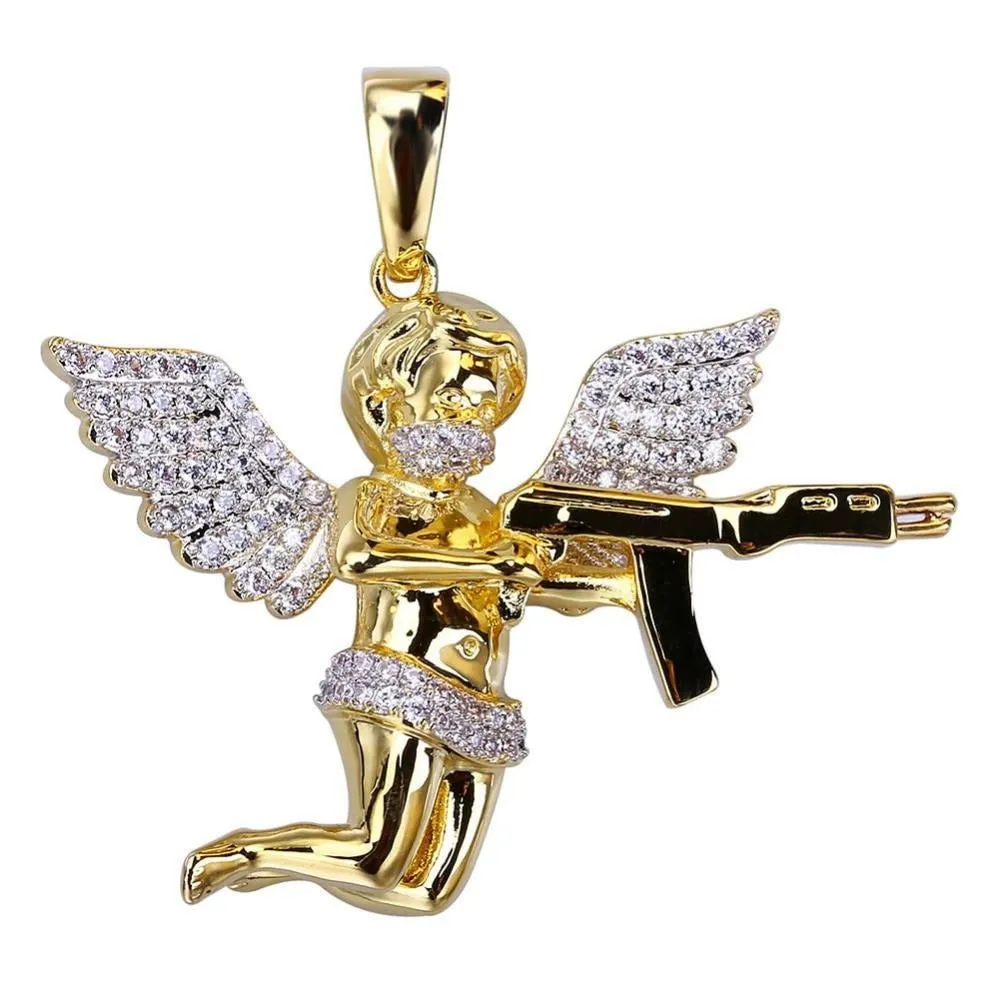 Angel Micro Paved Cubic Zirconia Gold-Plated Stainless Steel Hip-Hop Pendant Necklace