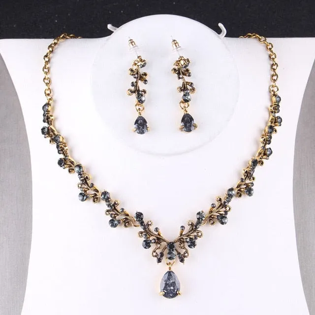 Baroque Vintage Black Crystal Tiara, Necklace & Earrings Wedding Jewelry Set