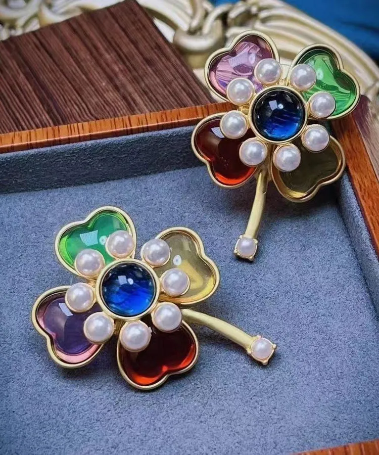 Beautiful Rainbow Sterling Silver Overgild Pearl Floral Stud Earrings DF1028