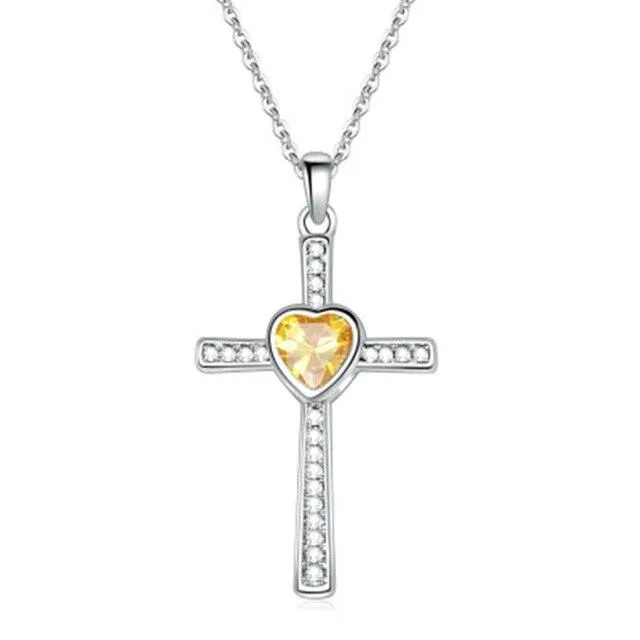 Bejeweled Crystal Titanium Steel Heart Cross Pendant Necklace