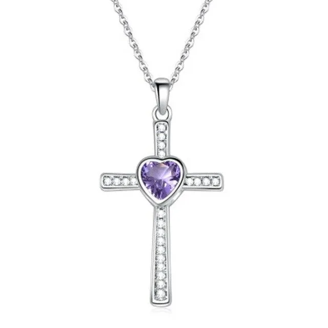 Bejeweled Crystal Titanium Steel Heart Cross Pendant Necklace