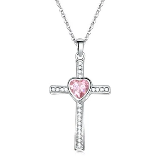 Bejeweled Crystal Titanium Steel Heart Cross Pendant Necklace