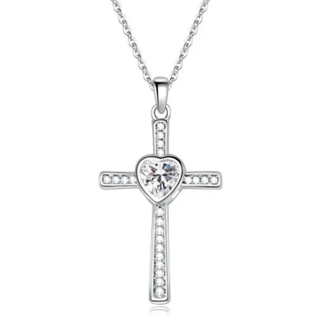 Bejeweled Crystal Titanium Steel Heart Cross Pendant Necklace