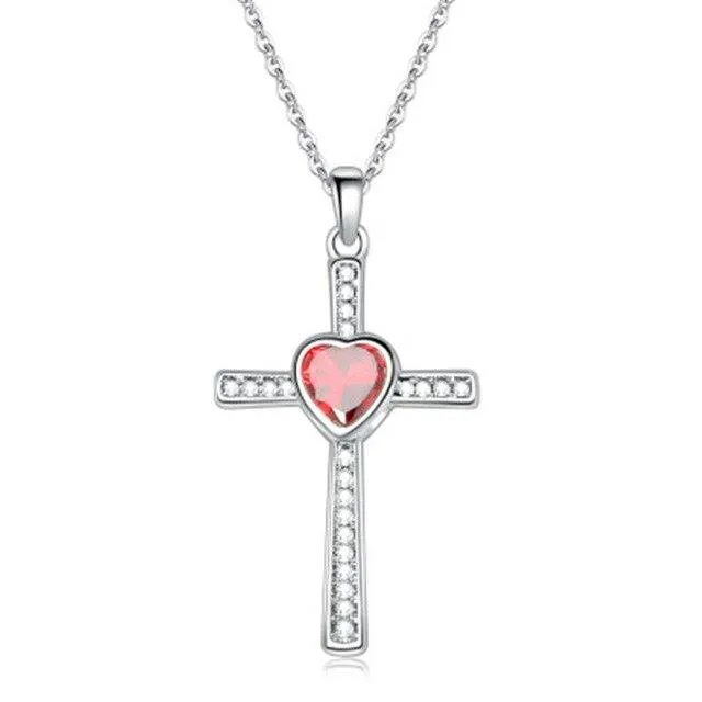 Bejeweled Crystal Titanium Steel Heart Cross Pendant Necklace