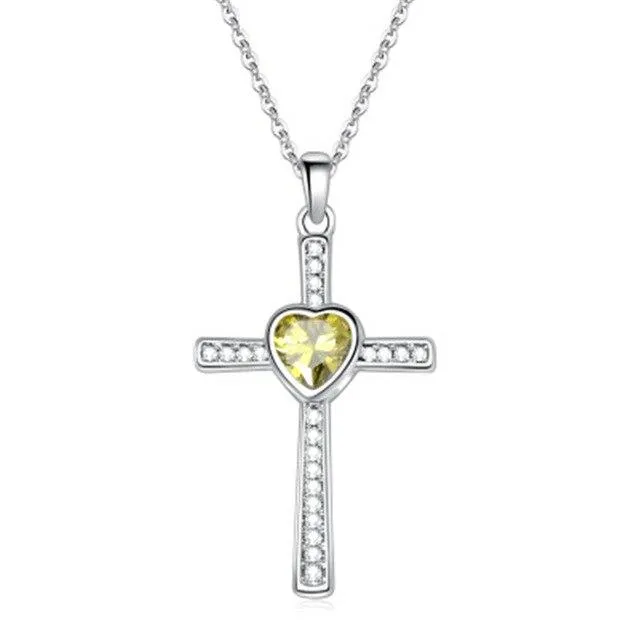 Bejeweled Crystal Titanium Steel Heart Cross Pendant Necklace