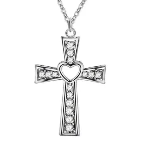 Bejeweled Hollow Heart Cross Pendant and Chain Necklace