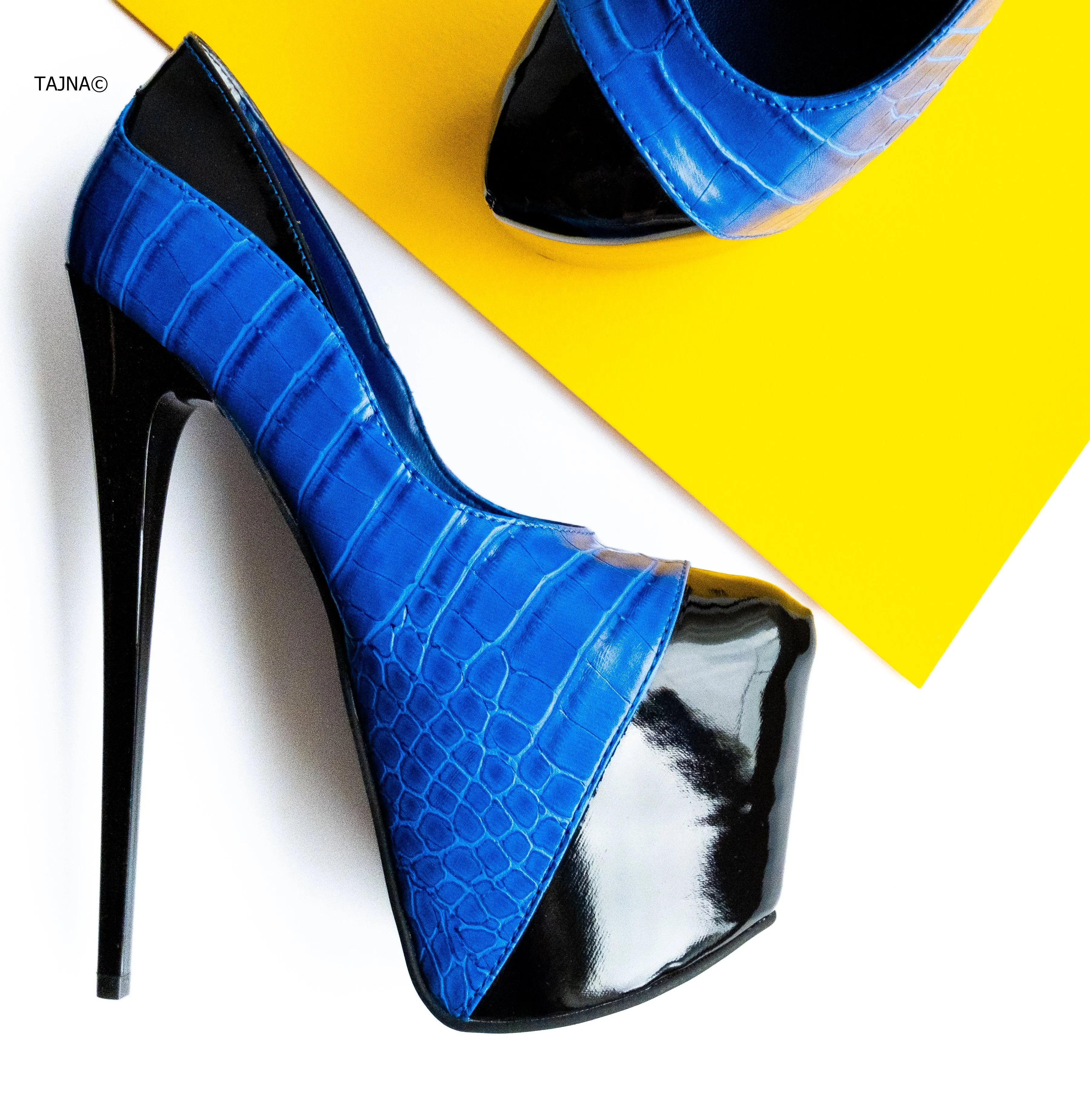 Black Blue Croco Detail High Heel Pumps