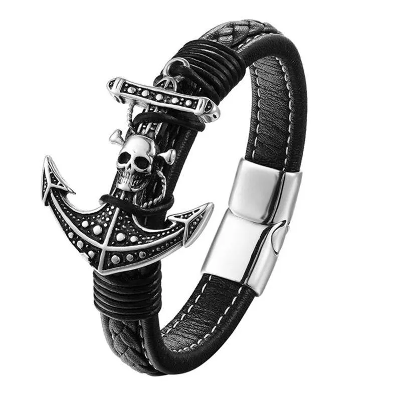 Black Genuine Leather Pirate Skull on Anchor Bracelet