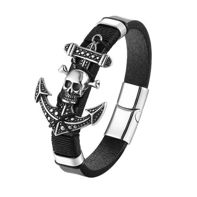 Black Genuine Leather Pirate Skull on Anchor Bracelet